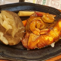 Chicken Steak, Salmon & Prawn